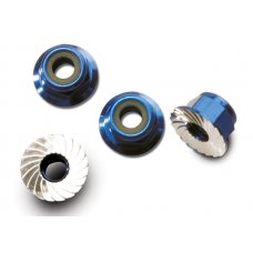 4mm Aluminum Flanged Serrated Wheel Nylock Nuts, Blue 4pcs